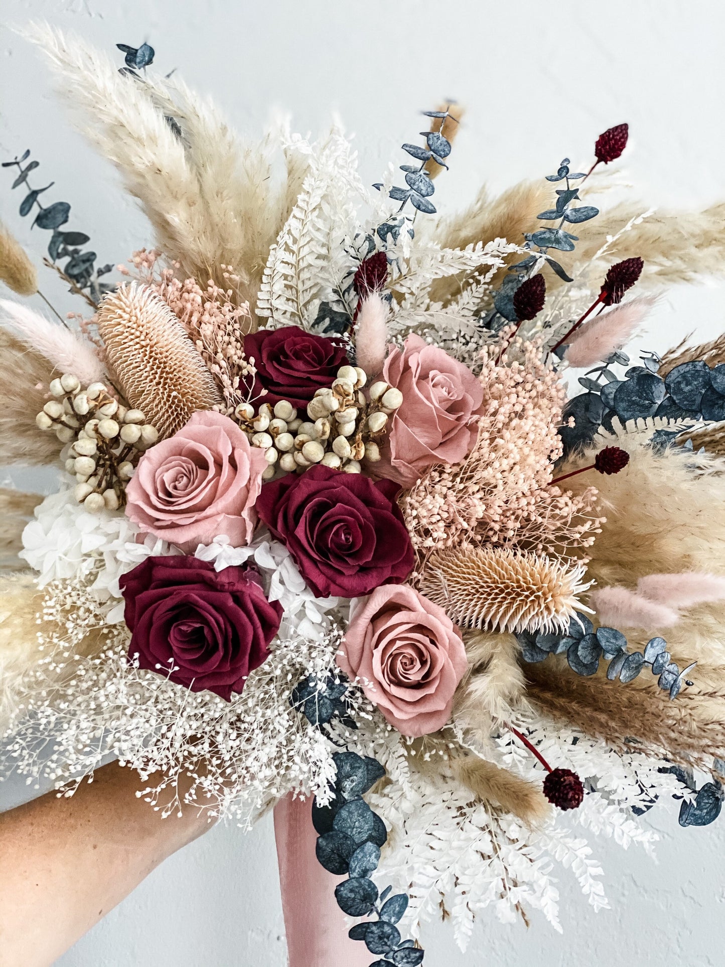 Dusty Rose, Blush + Berry Pampas Grass Bridal Bouquet/ Bride and Bridesmaids/ Dried Flower Bouquet/ Wedding Flowers