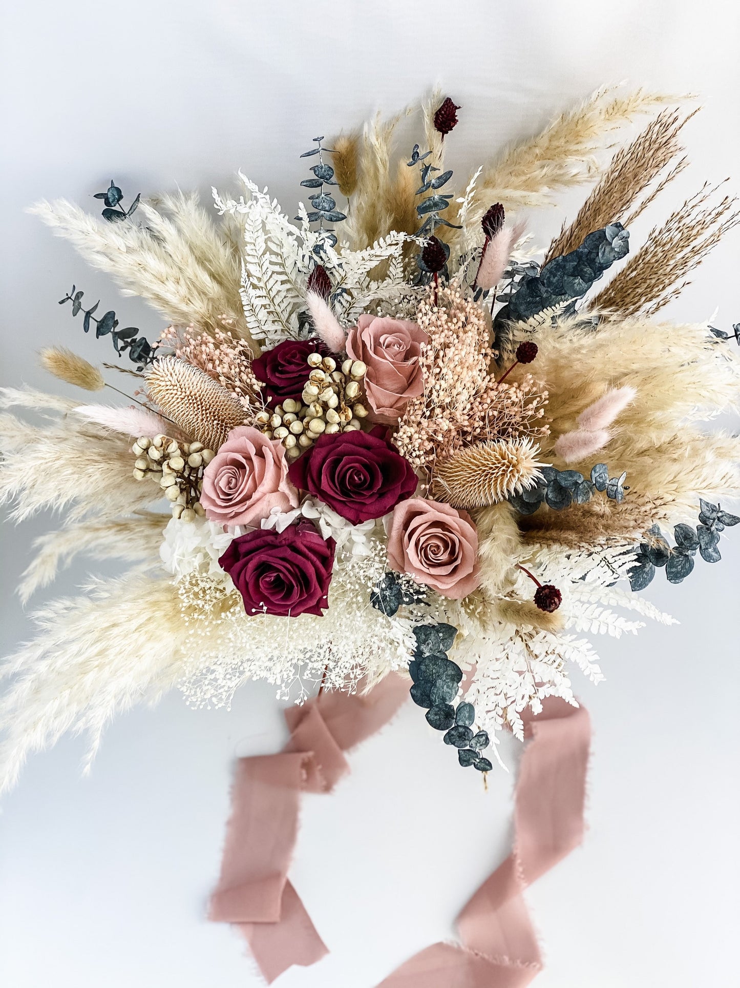 Dusty Rose, Blush + Berry Pampas Grass Bridal Bouquet/ Bride and Bridesmaids/ Dried Flower Bouquet/ Wedding Flowers