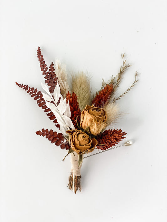 Rust + Mustard Boutonniere/ Wedding Flowers/ Groom and Groomsmen/ Dried Flowers