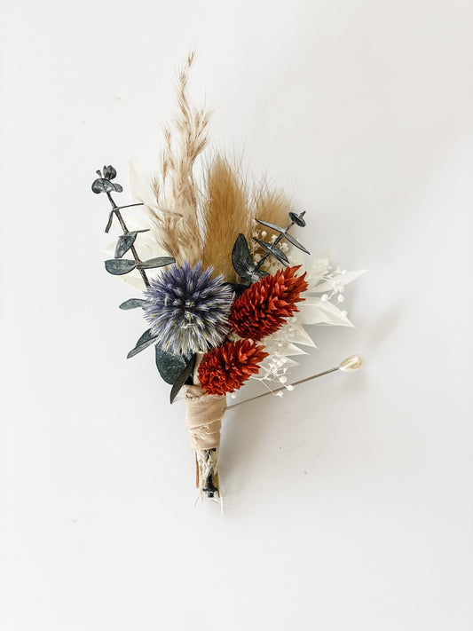 Dusty Blue + Rust and Pheasant Feather  Boutonniere/ Wedding Flowers/ Groom and Groomsmen