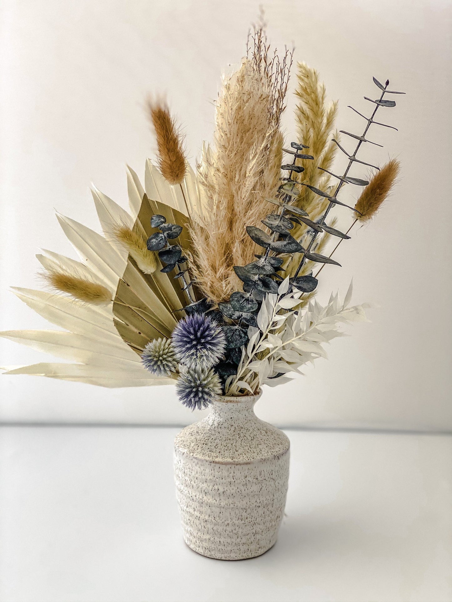 Dusty Blue Pampas Grass and Palm Bud Vase