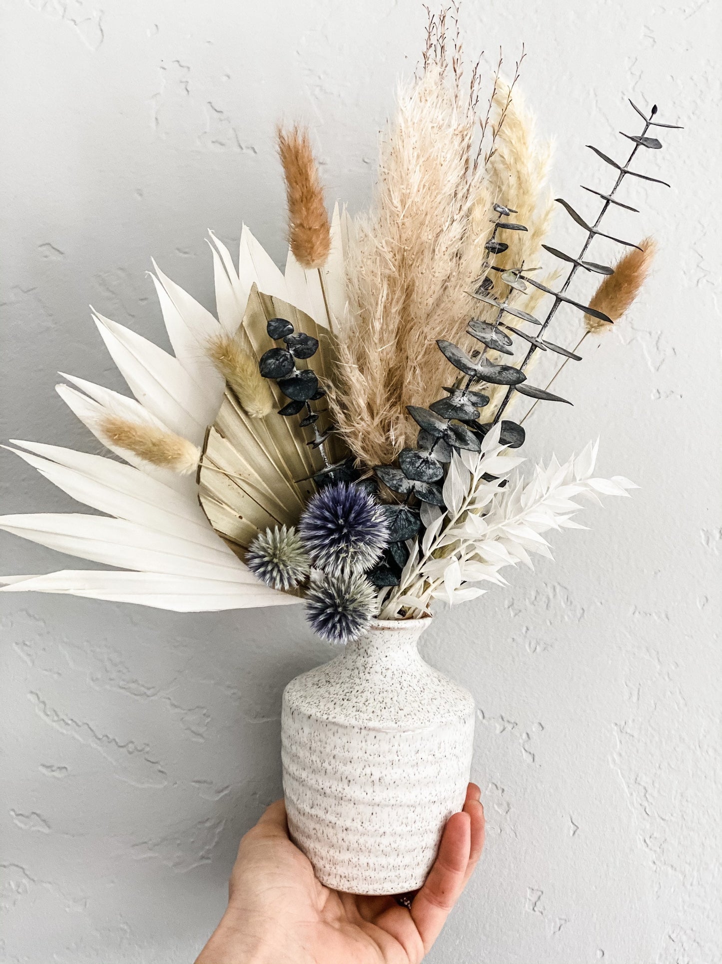 Dusty Blue Pampas Grass and Palm Bud Vase
