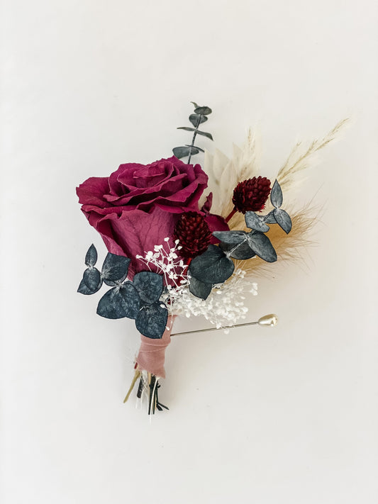 Berry Rose and Eucalyptus Boutonniere/ Wedding Flowers/ Groom and Groomsmen