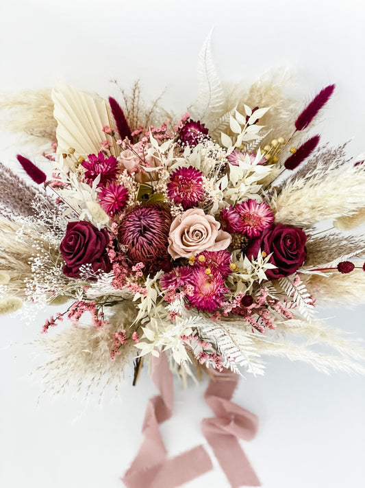 Dusty Rose, Blush and Burgundy Pampas Grass Bouquet/ Bride and Bridesmaids/ Dried Flower Bouquet/ Wedding Flowers