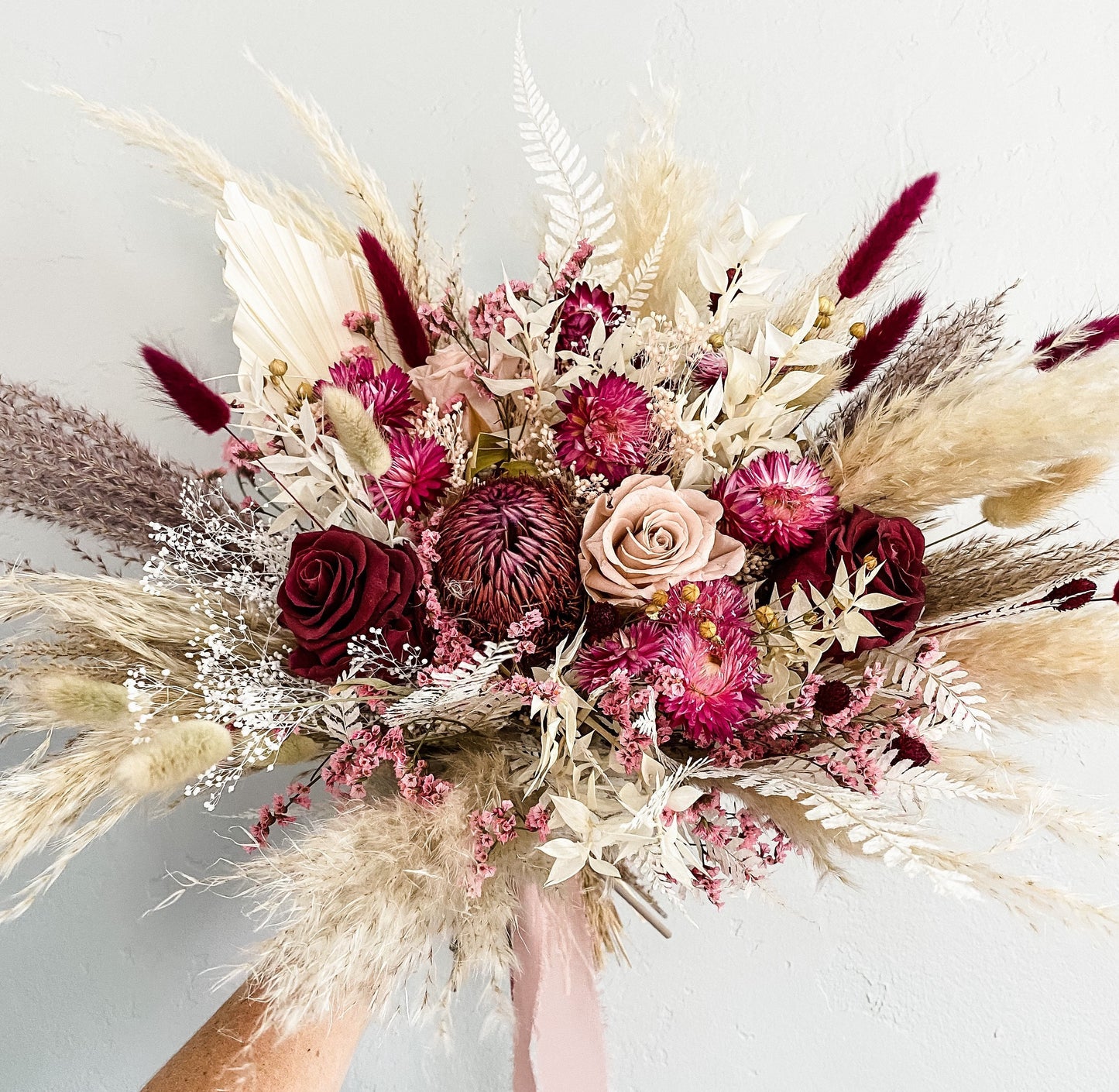 Dusty Rose, Blush and Burgundy Pampas Grass Bouquet/ Bride and Bridesmaids/ Dried Flower Bouquet/ Wedding Flowers