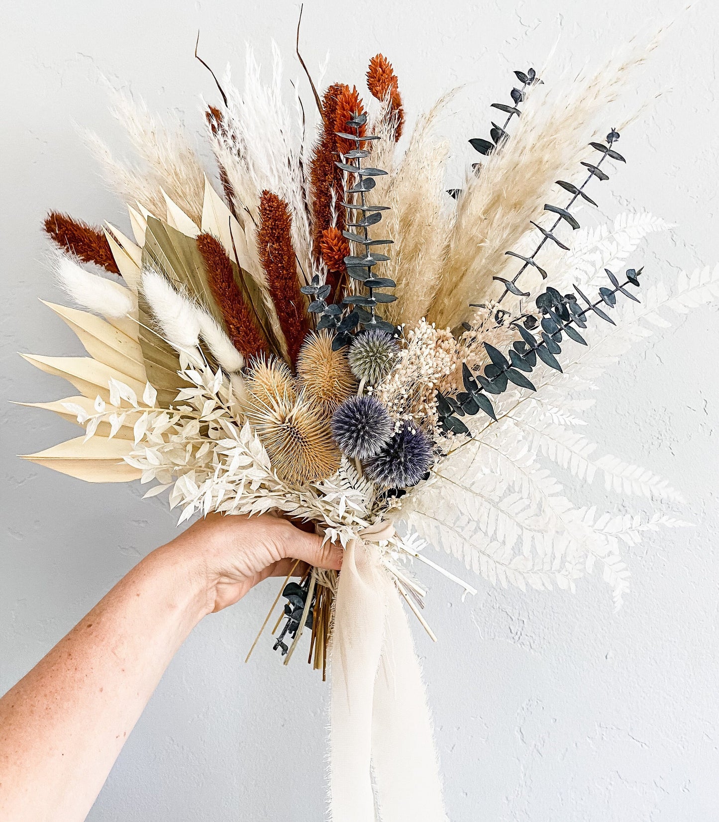 Medium Size Dusty Blue and Rust Pampas Grass Bouquet/ Bride and Bridesmaids/ Dried Flower Bouquet/ Wedding Flowers
