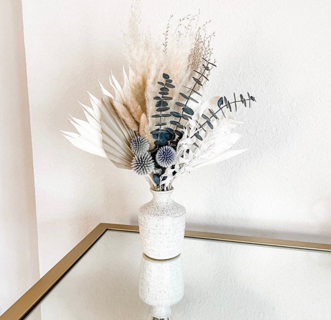 Dusty Blue Pampas Grass and Palm Bud Vase