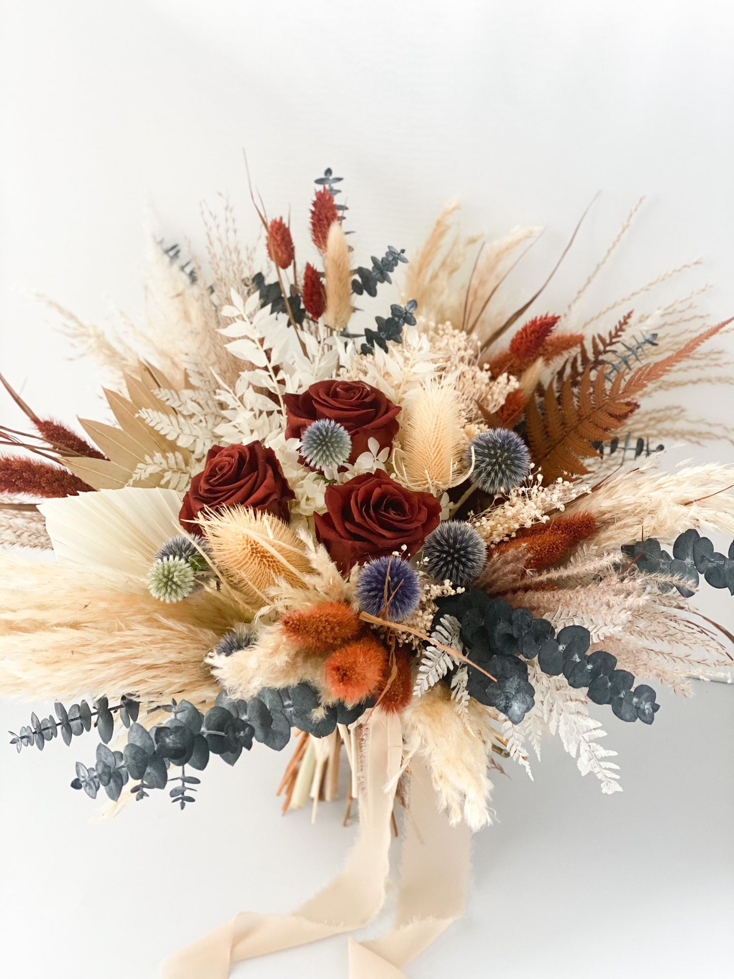 Rust and Dusty Blue Bouquet/ Bride and Bridesmaids/ Dried Flower Bouquet/ Wedding Flowers