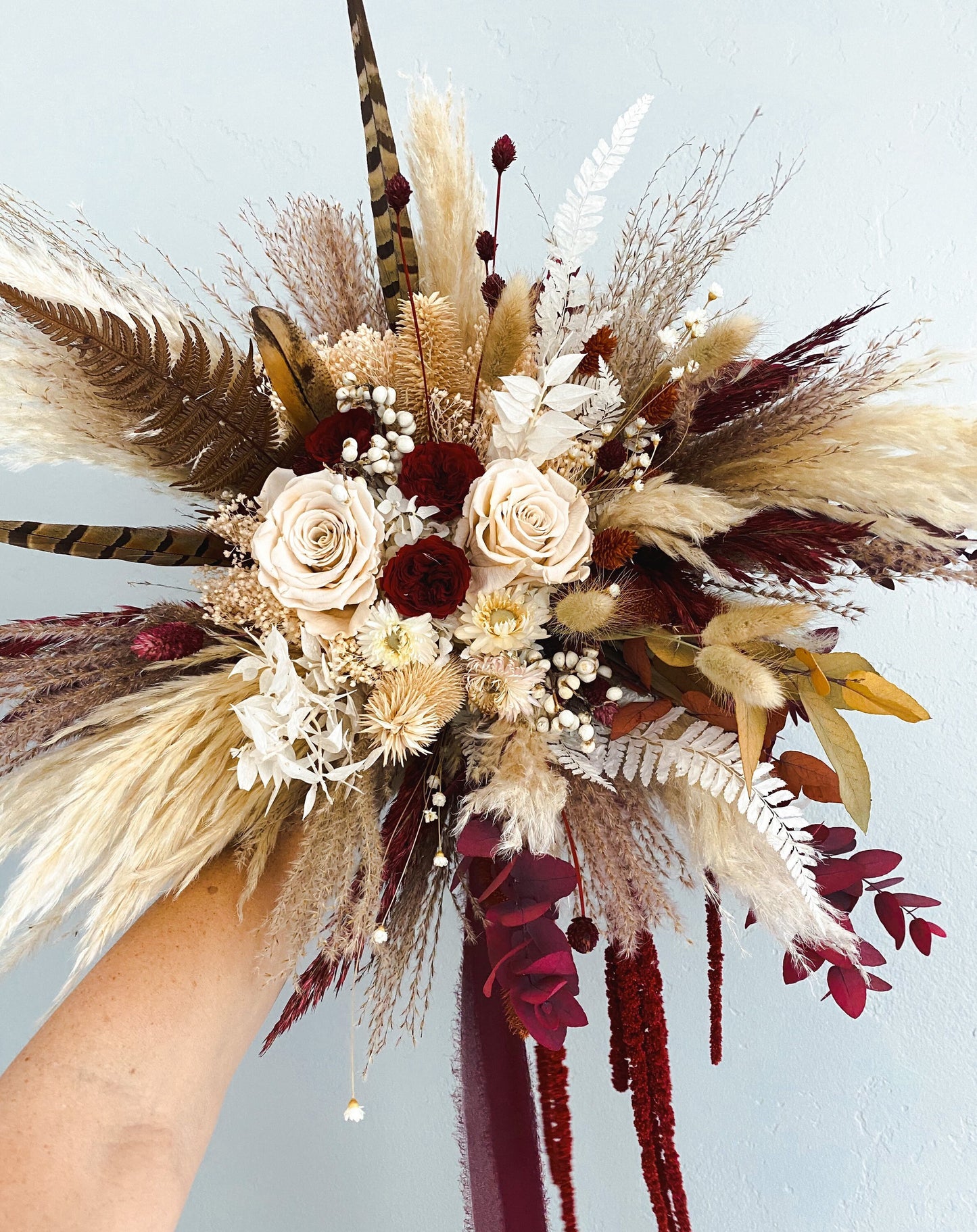 Fall Pampas Grass + Pheasant Feather Bouquet/ Bride and Bridesmaids/ Dried Flower Bouquet/ Wedding Flowers