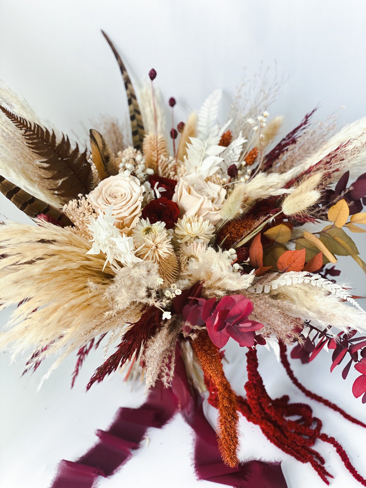 Fall Pampas Grass + Pheasant Feather Bouquet/ Bride and Bridesmaids/ Dried Flower Bouquet/ Wedding Flowers