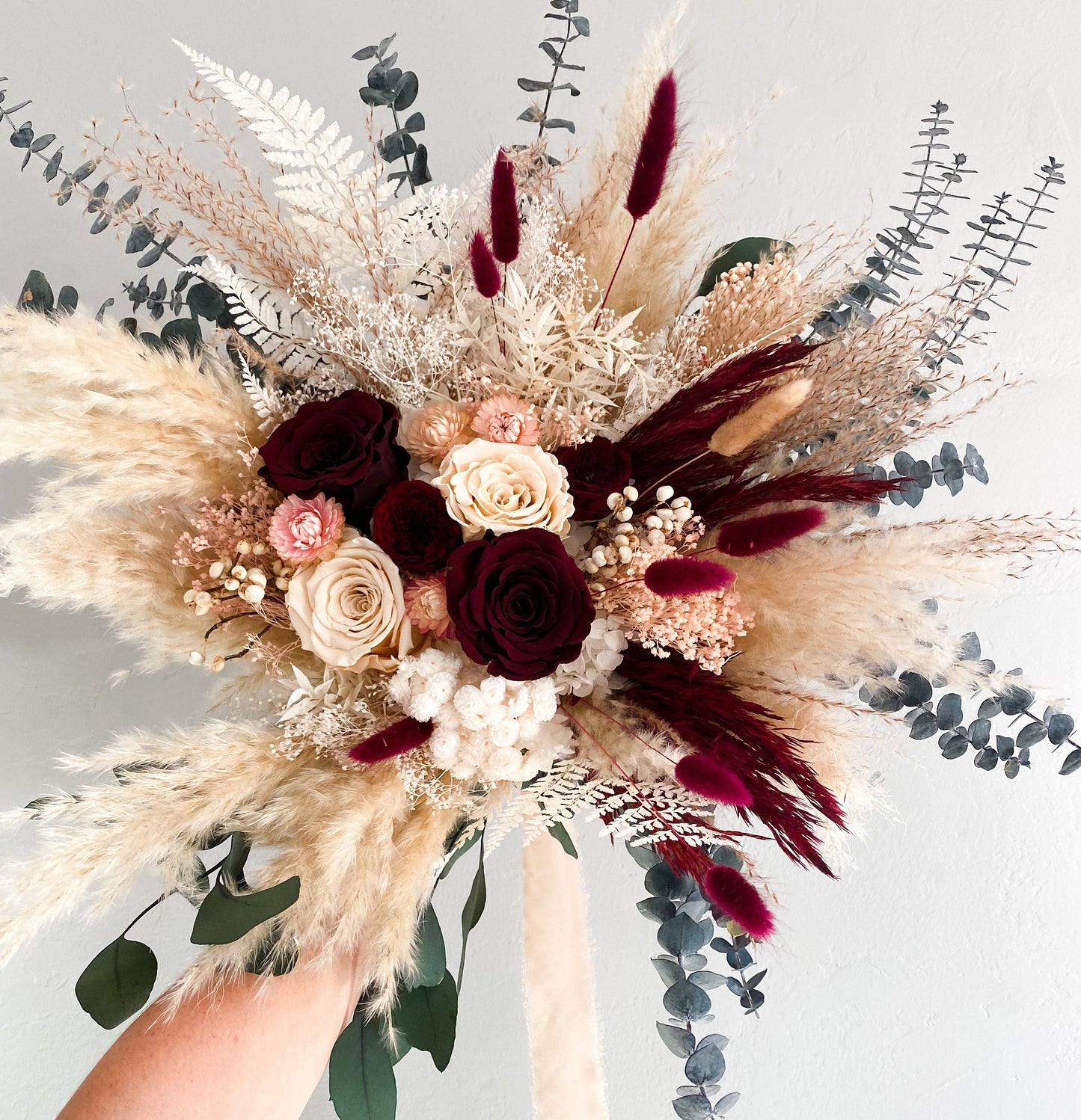 Burgundy, Blush and Greenery Pampas Grass Bouquet/ Bride and Bridesmaids/ Dried Flower Bouquet/ Wedding Flowers