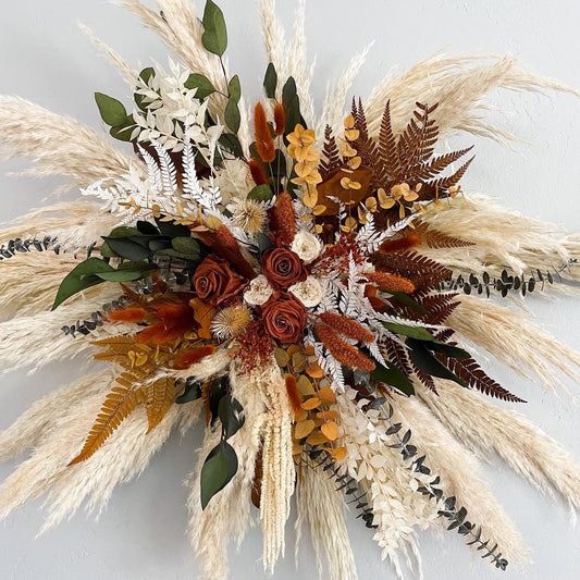 Rust, Terracotta, + Eucalyptus Dried Flower Arch Wall Decor, Backdrop, Dried Flowers, Arbor