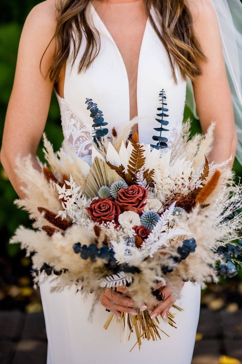 Rust and Dusty Blue Bouquet/ Bride and Bridesmaids/ Dried Flower Bouquet/ Wedding Flowers