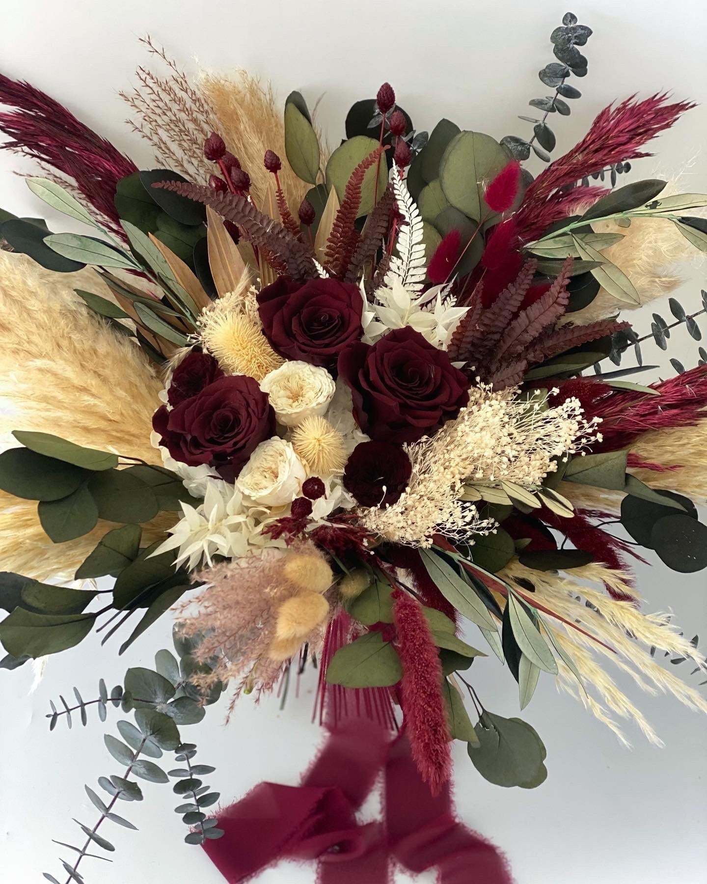 Burgundy + Olive Dried Pampas Grass Bouquet/ Bride and Bridesmaids/ Dried Flower Bouquet/ Wedding Flowers
