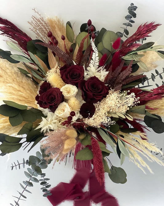 Burgundy + Olive Dried Pampas Grass Bouquet/ Bride and Bridesmaids/ Dried Flower Bouquet/ Wedding Flowers