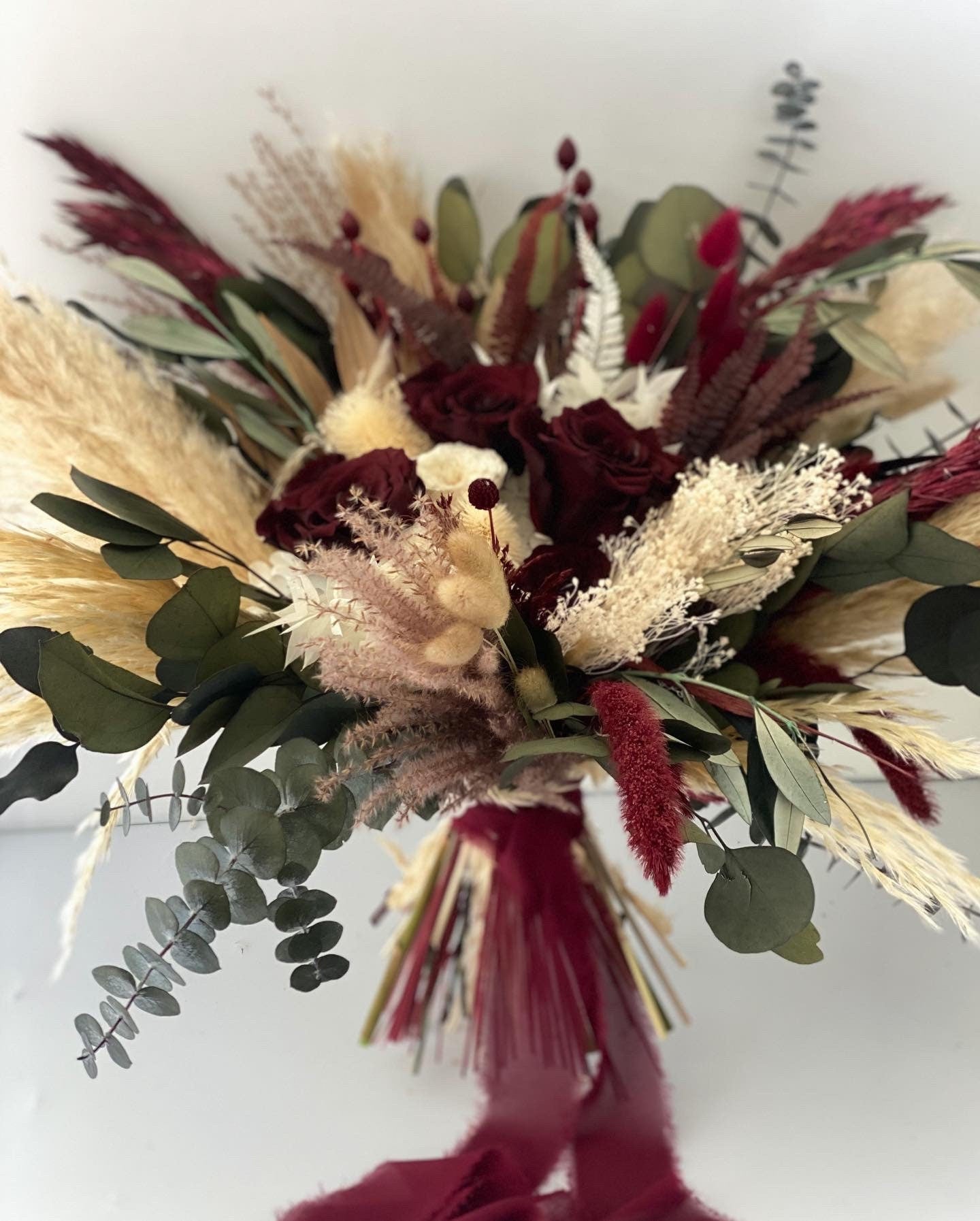 Burgundy + Olive Dried Pampas Grass Bouquet/ Bride and Bridesmaids/ Dried Flower Bouquet/ Wedding Flowers