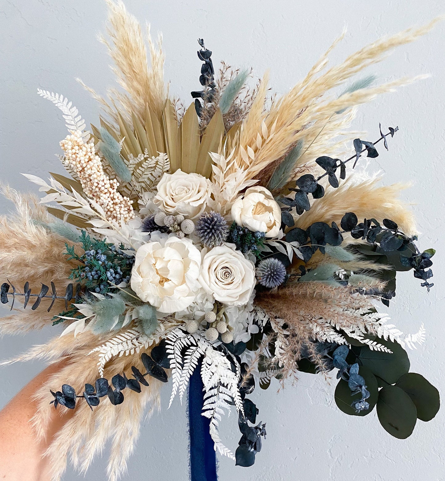 Dusty Blue + White Peony Pampas Grass Bouquet/ Bride and Bridesmaids/ Dried Flower Bouquet/ Wedding Flowers