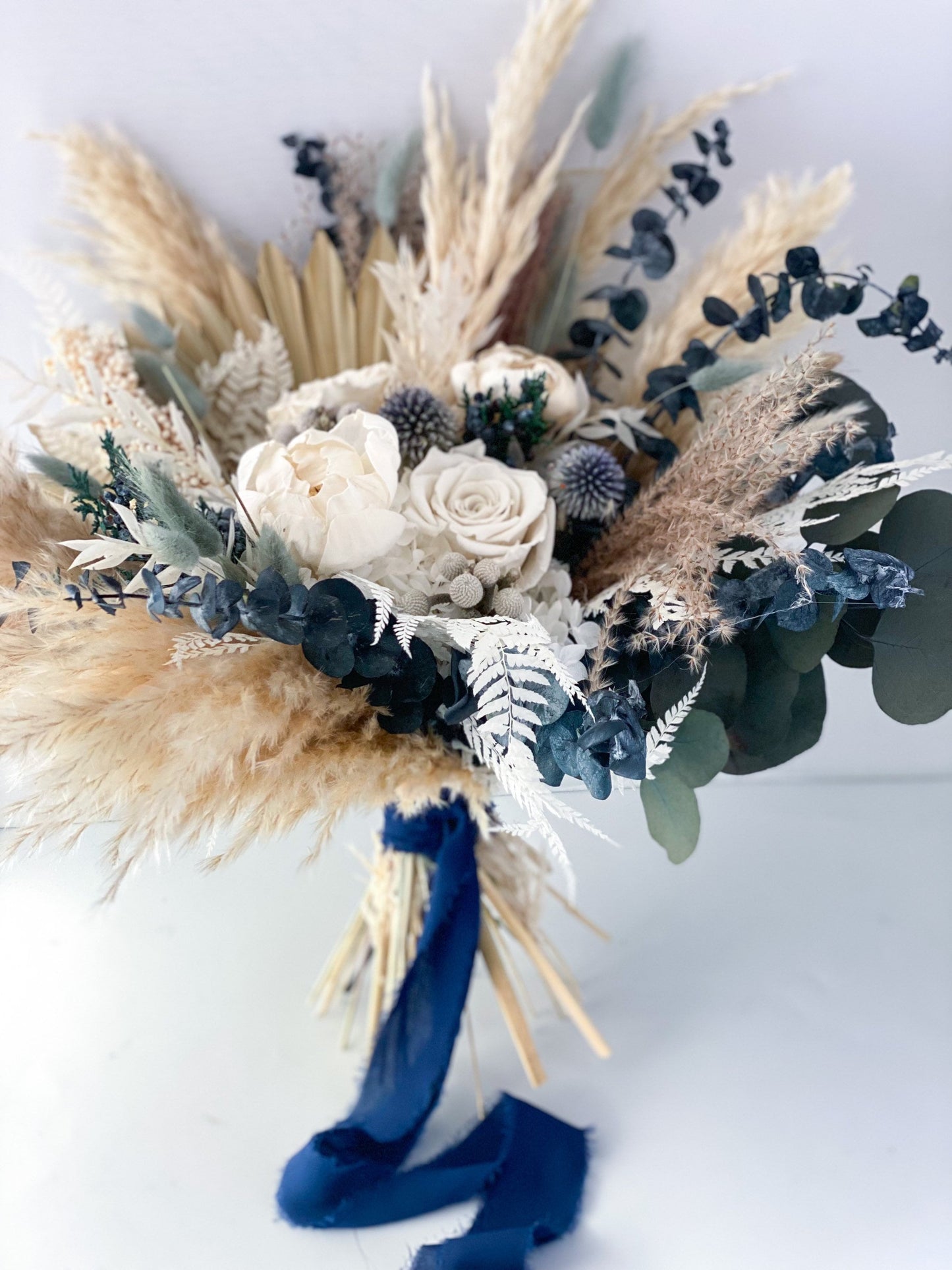 Dusty Blue + White Peony Pampas Grass Bouquet/ Bride and Bridesmaids/ Dried Flower Bouquet/ Wedding Flowers