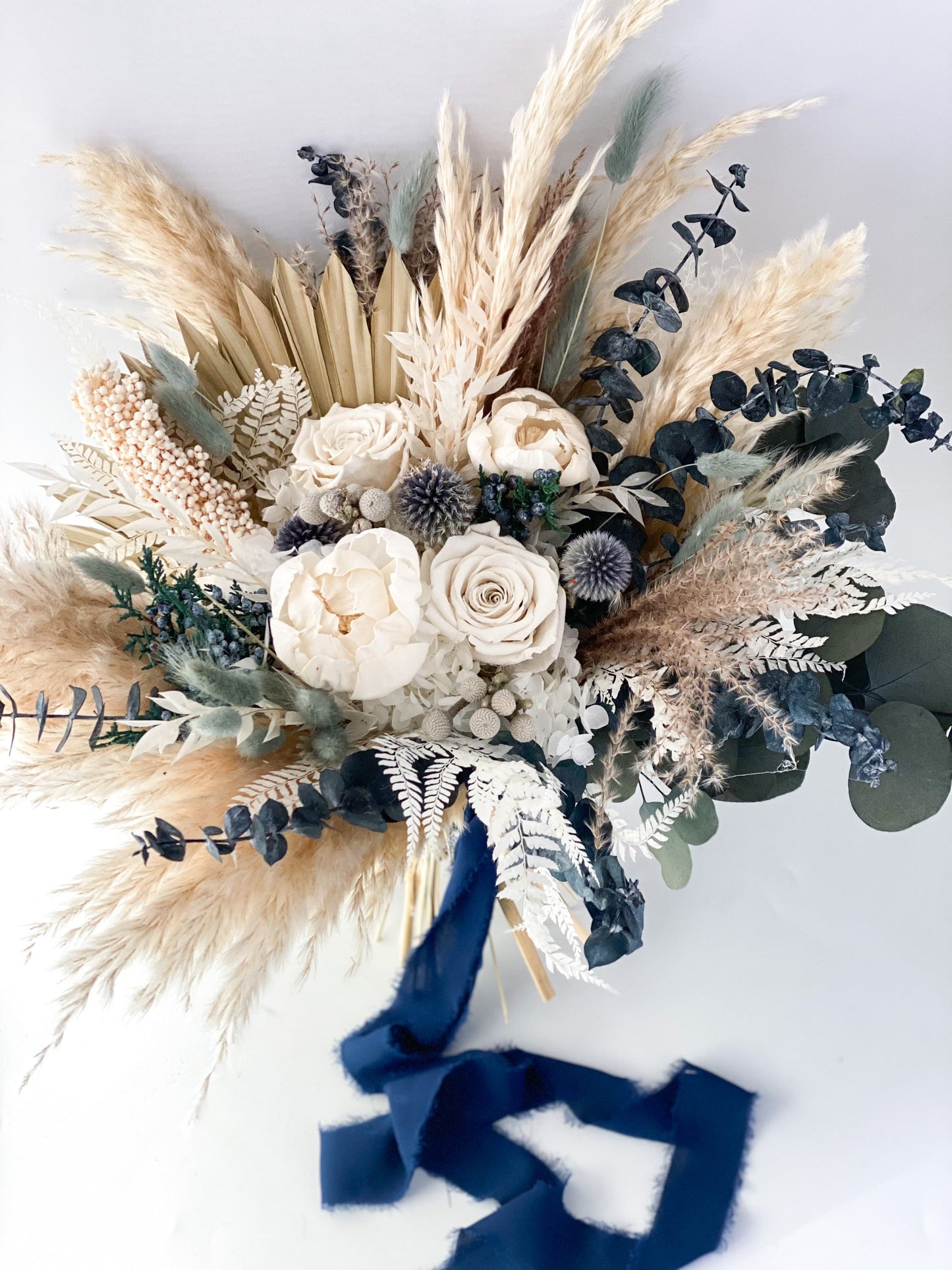 Dusty Blue + White Peony Pampas Grass Bouquet/ Bride and Bridesmaids/ Dried Flower Bouquet/ Wedding Flowers