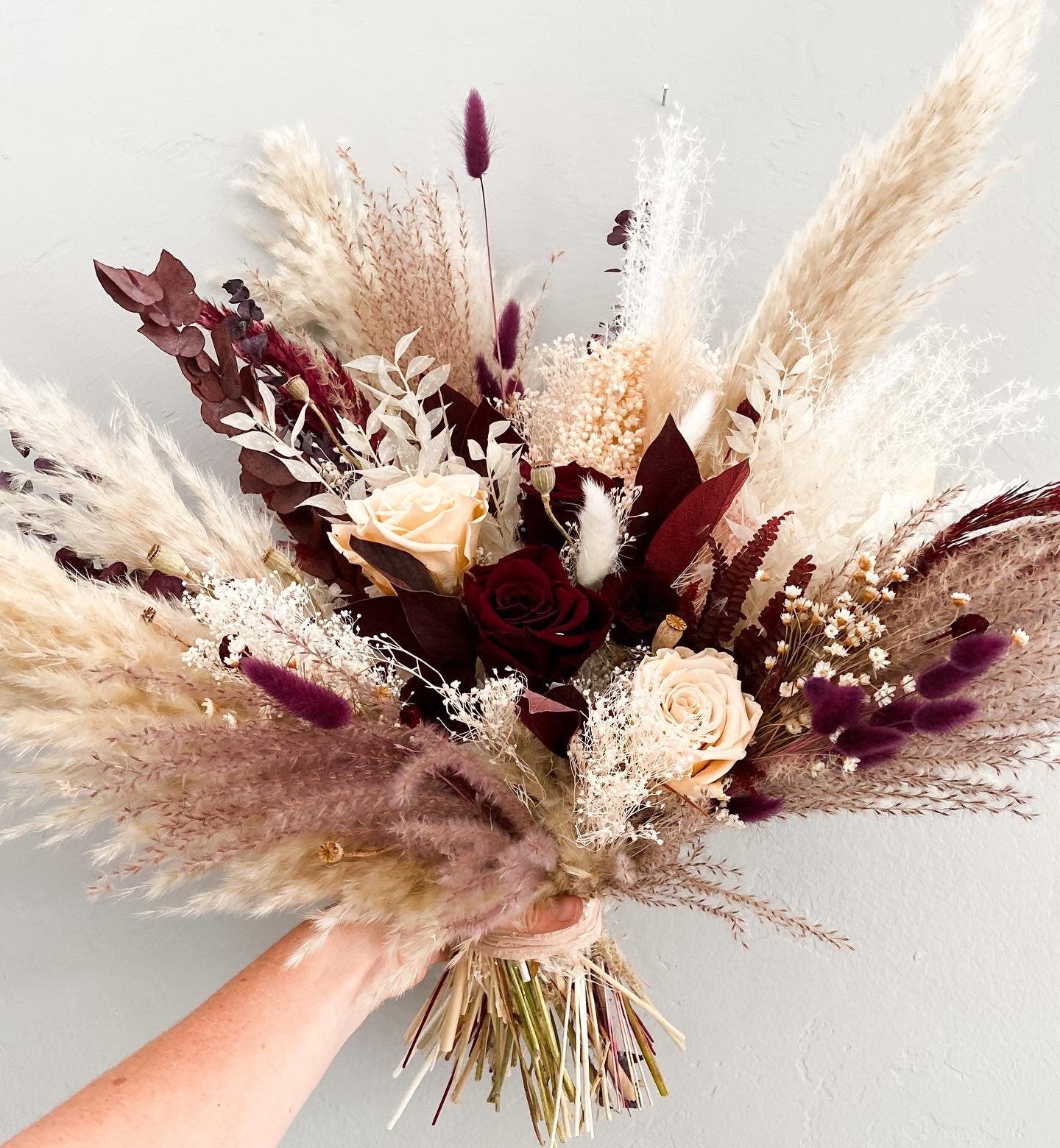 Burgundy + Blush Pampas Grass Bouquet/ Bride and Bridesmaids/ Dried Flower Bouquet/ Wedding Flowers