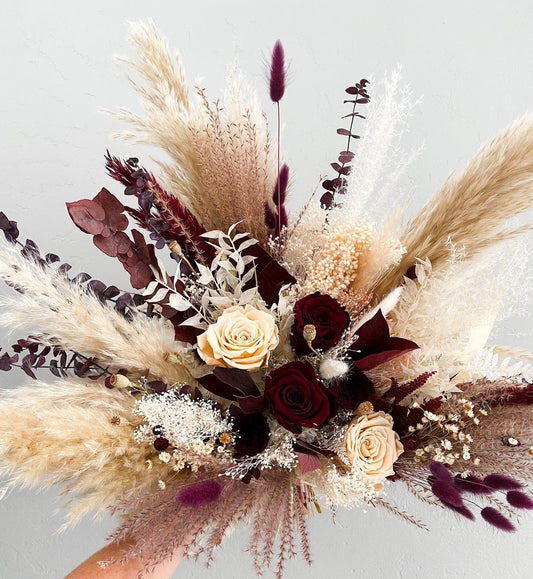 Burgundy + Blush Pampas Grass Bouquet/ Bride and Bridesmaids/ Dried Flower Bouquet/ Wedding Flowers