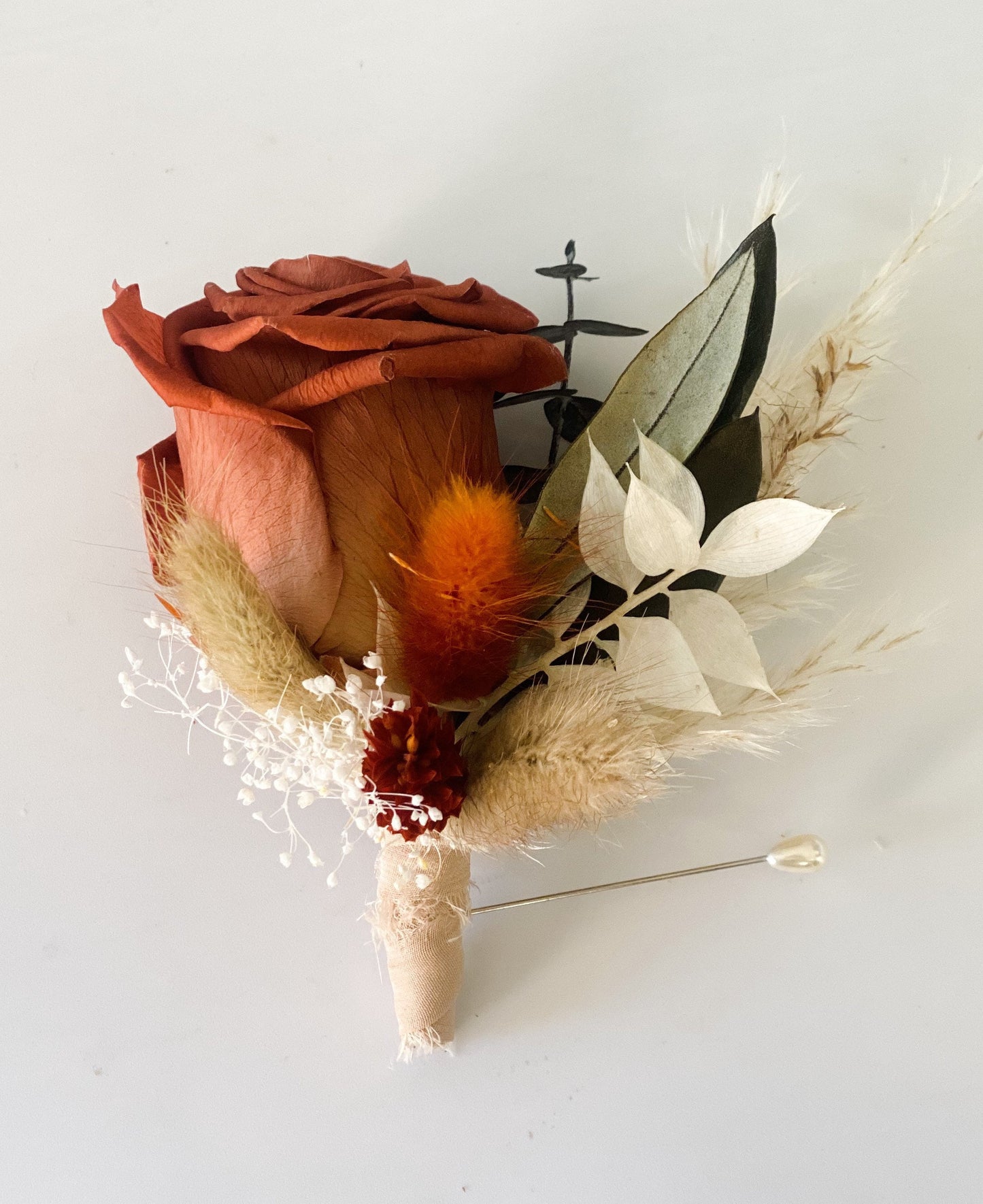 Rust rose, terracotta + greenery Boutonniere/ Wedding Flowers/ Groom and Groomsmen/ Dried Flowers