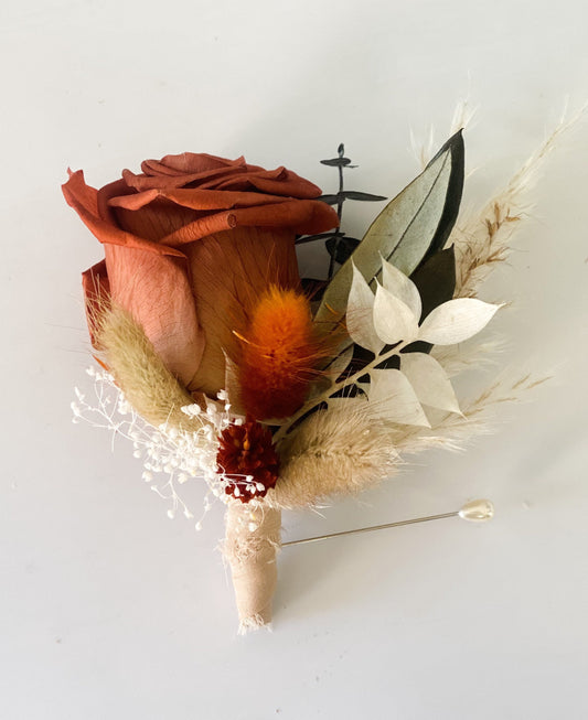 Rust rose, terracotta + greenery Boutonniere/ Wedding Flowers/ Groom and Groomsmen/ Dried Flowers