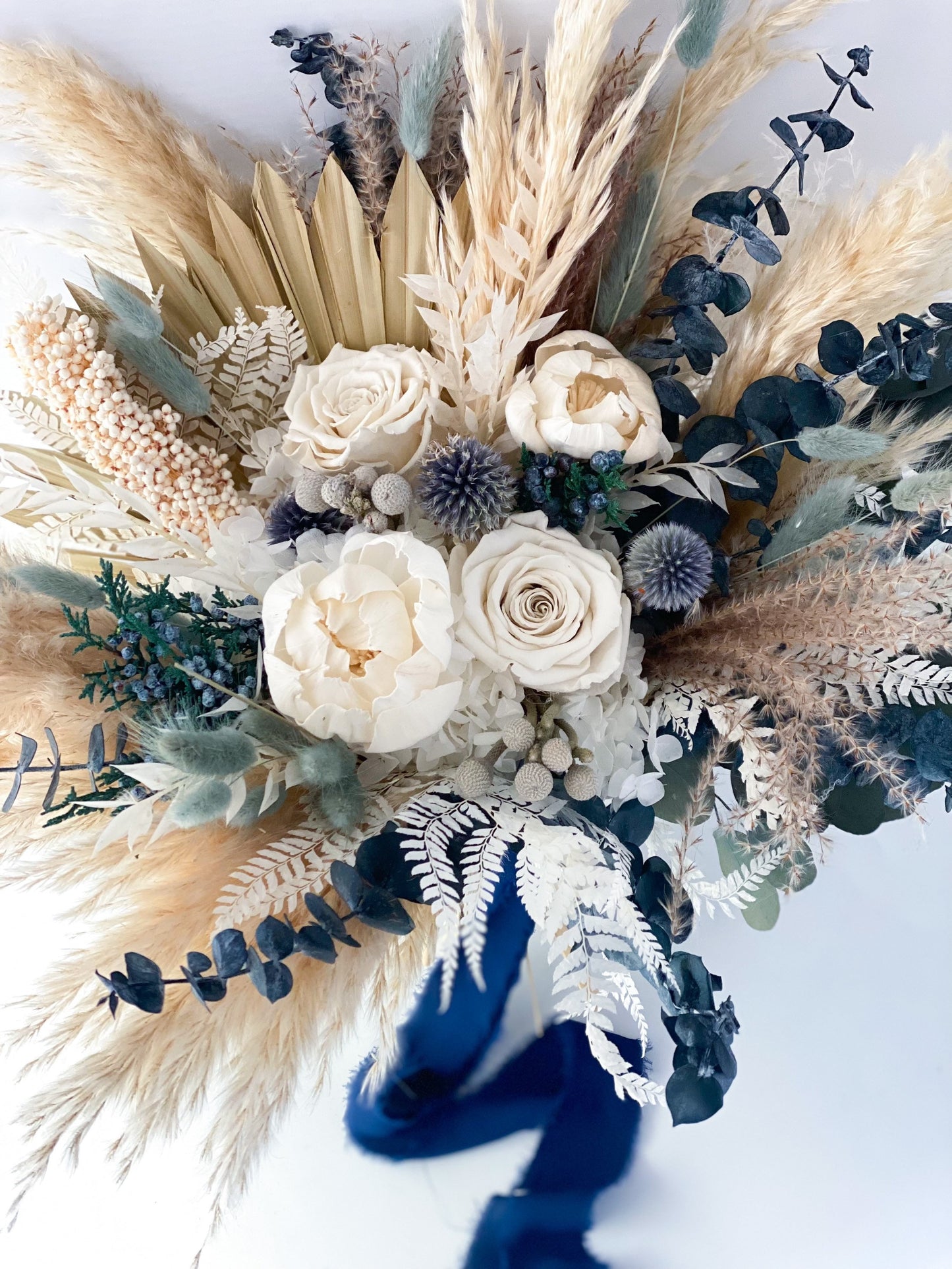 Dusty Blue + White Peony Pampas Grass Bouquet/ Bride and Bridesmaids/ Dried Flower Bouquet/ Wedding Flowers