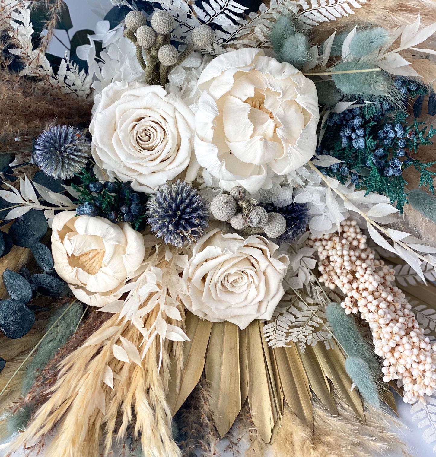 Dusty Blue + White Peony Pampas Grass Bouquet/ Bride and Bridesmaids/ Dried Flower Bouquet/ Wedding Flowers