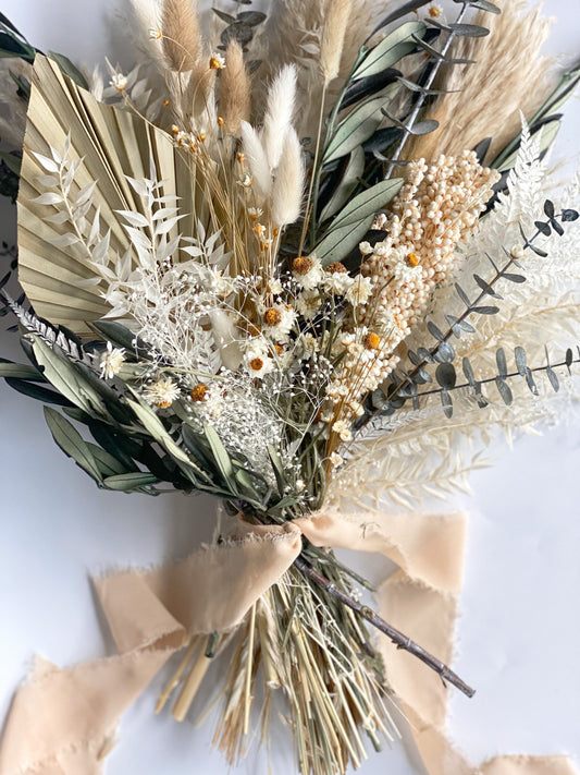 Olive + Sage Wildflower Pampas Grass Bouquet/ Bride and Bridesmaids/ Dried Flower Bouquet/ Wedding Flowers