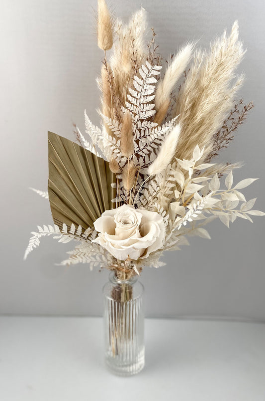 Mini White Rose + Pampas Grass Bud Vase Arrangement, Wedding Flowers, Home decor, Dried Flowers