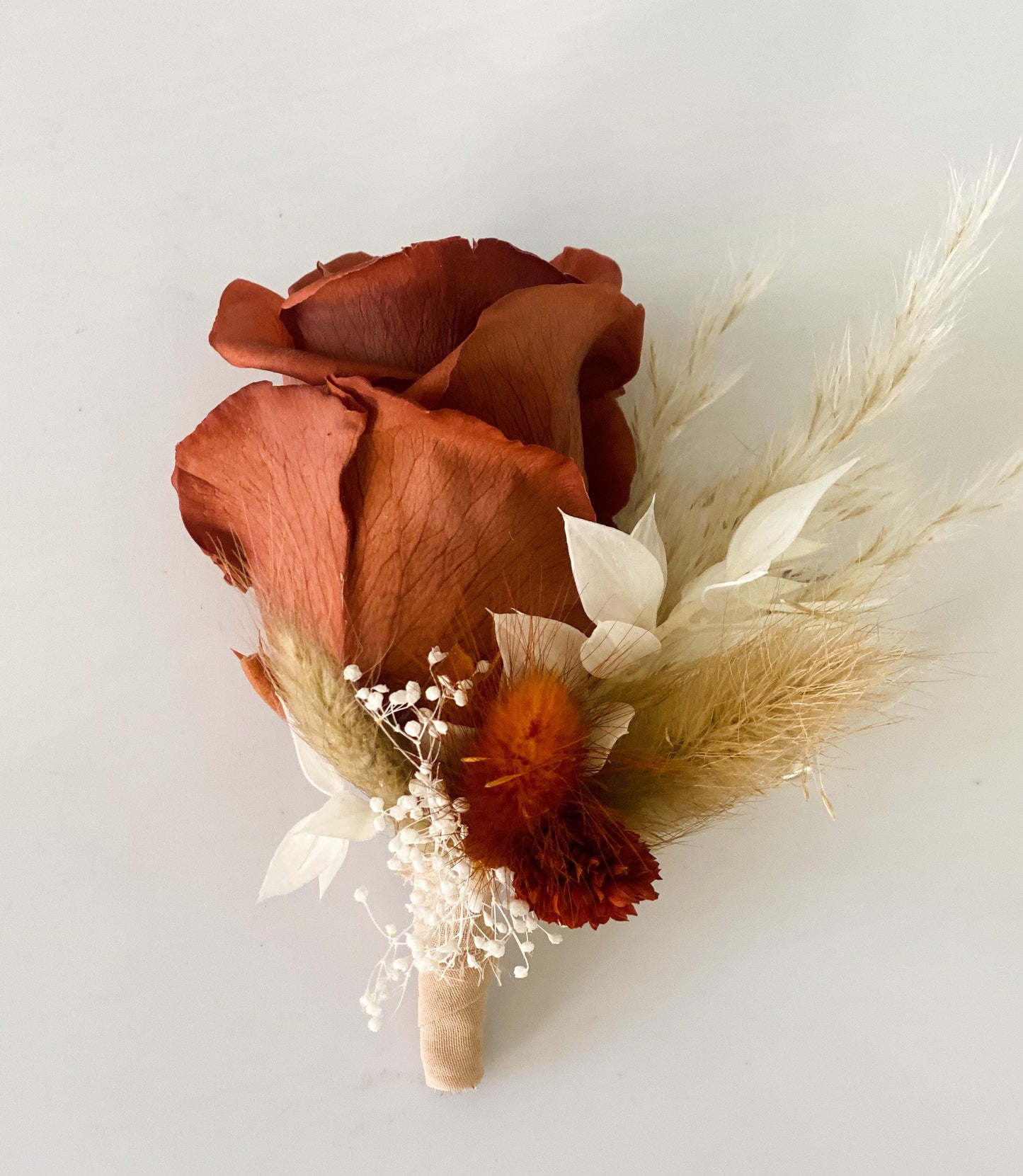 Rust Rose + Terracotta Boutonniere/ Wedding Flowers/ Groom and Groomsmen/ Dried Flowers