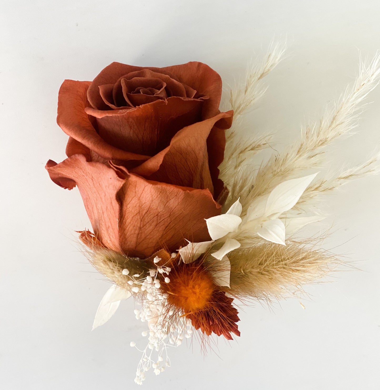 Rust Rose + Terracotta Boutonniere/ Wedding Flowers/ Groom and Groomsmen/ Dried Flowers