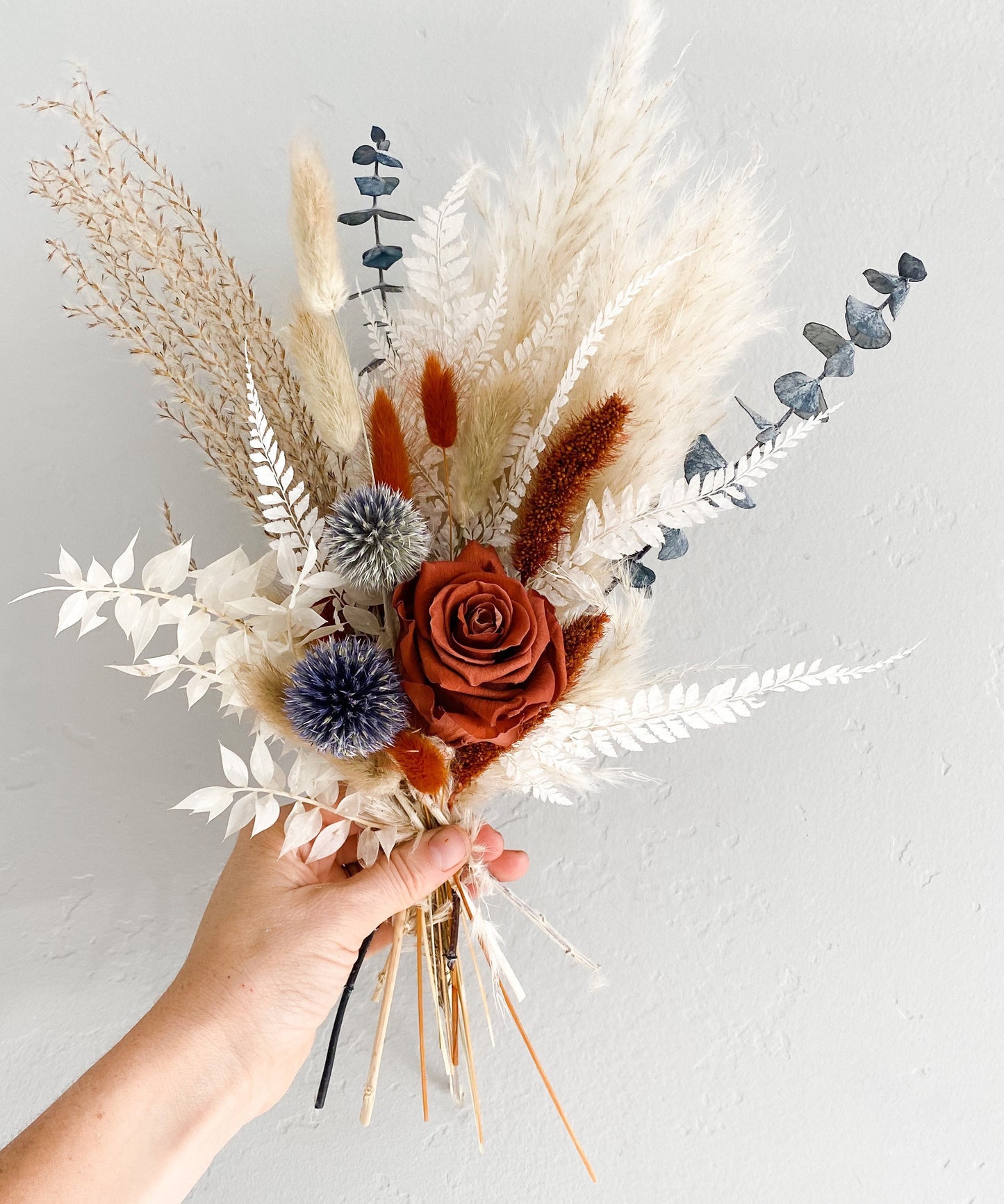 Rust + Dusty Blue Dried Flower Bud Vase Arrangement, Wedding Flowers, Home decor, Dried Flowers