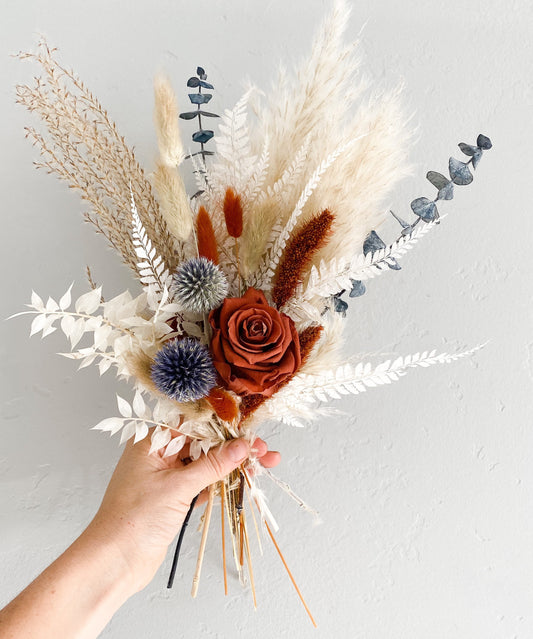 Rust + Dusty Blue Dried Flower Bud Vase Arrangement, Wedding Flowers, Home decor, Dried Flowers