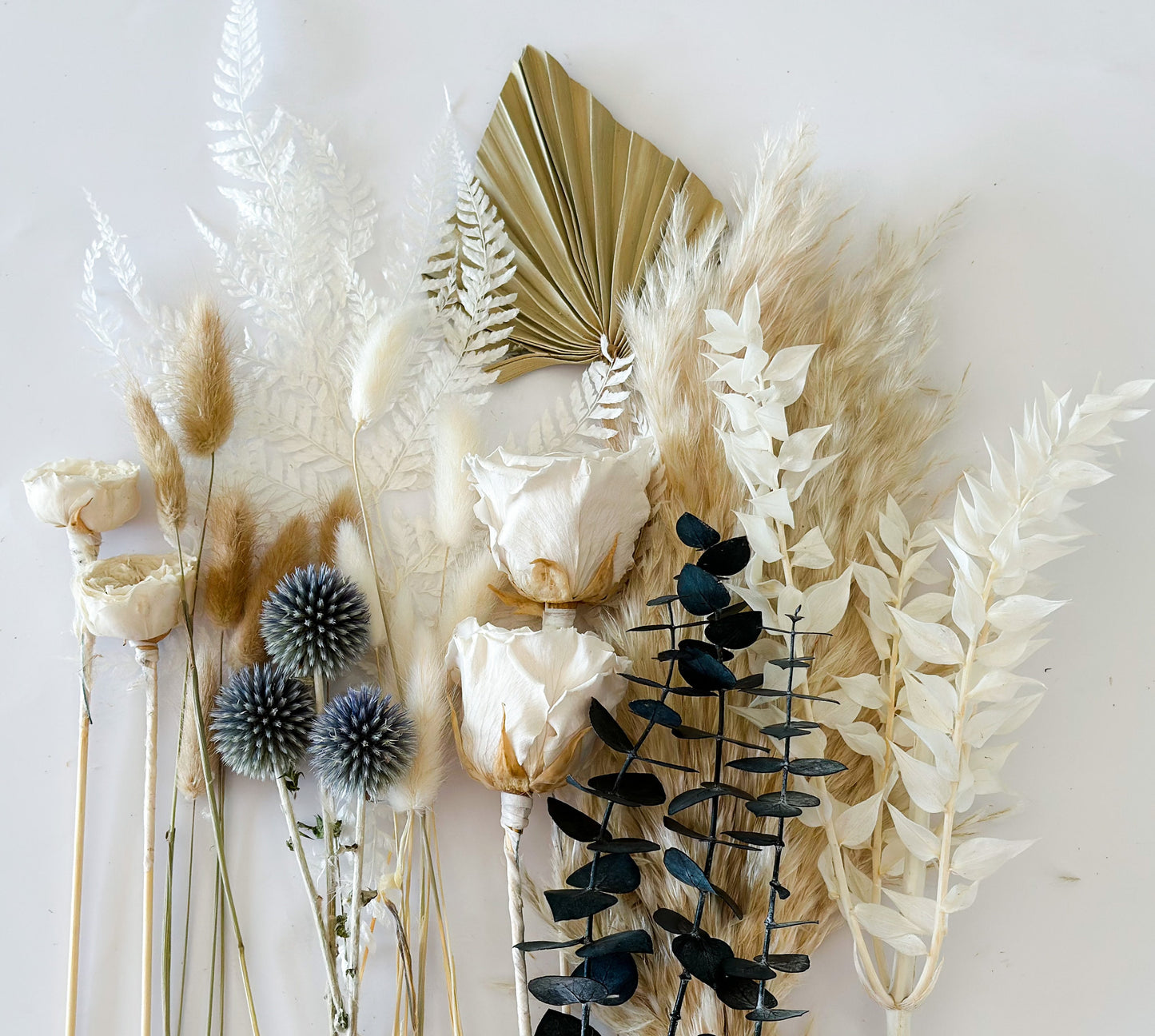 White + Dusty Blue Cake Flowers, Flat Lay Flowers, DIY/ Wedding Flowers, Dried Flowers, Wedding Cake