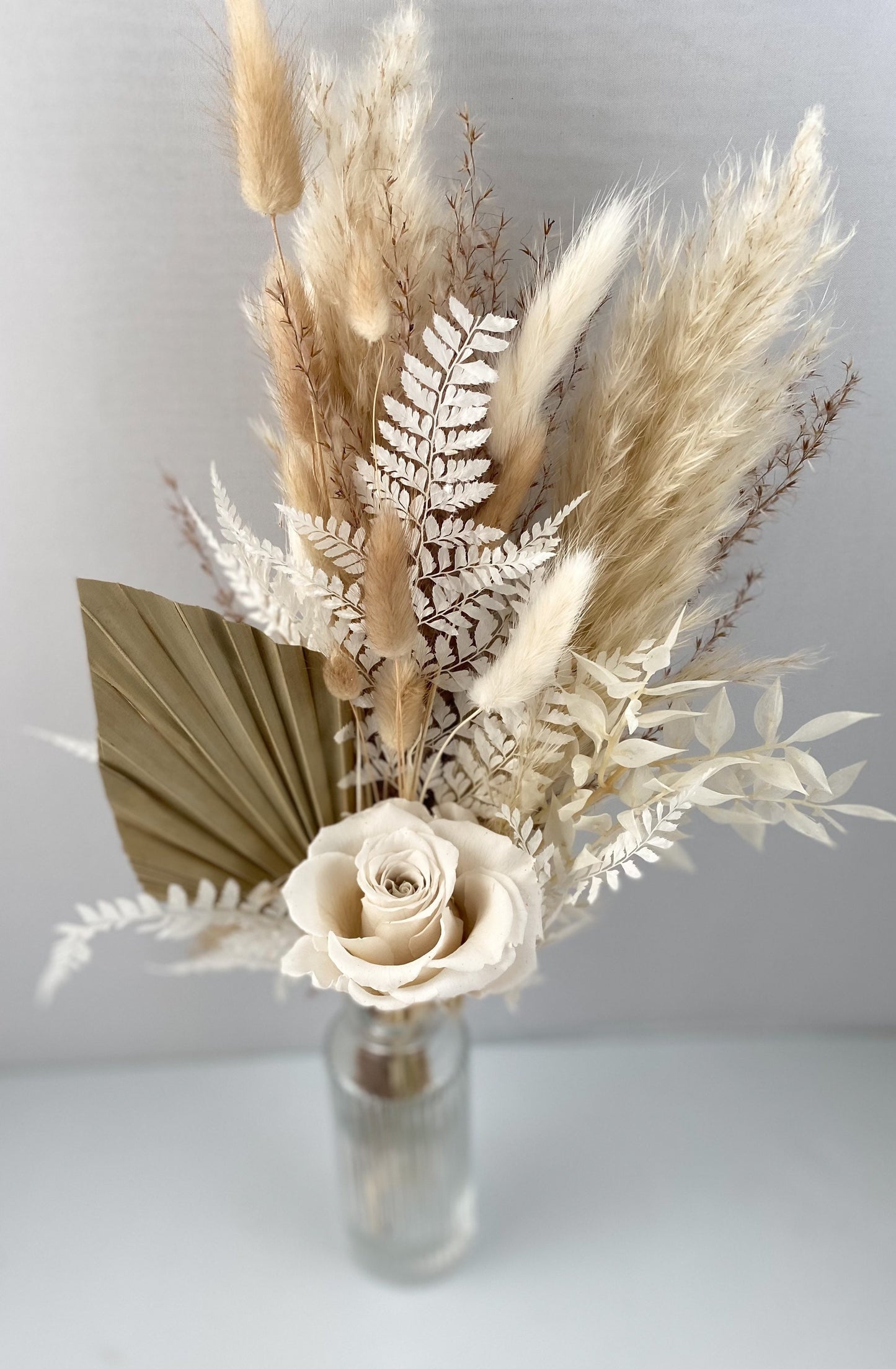 Mini White Rose + Pampas Grass Bud Vase Arrangement, Wedding Flowers, Home decor, Dried Flowers