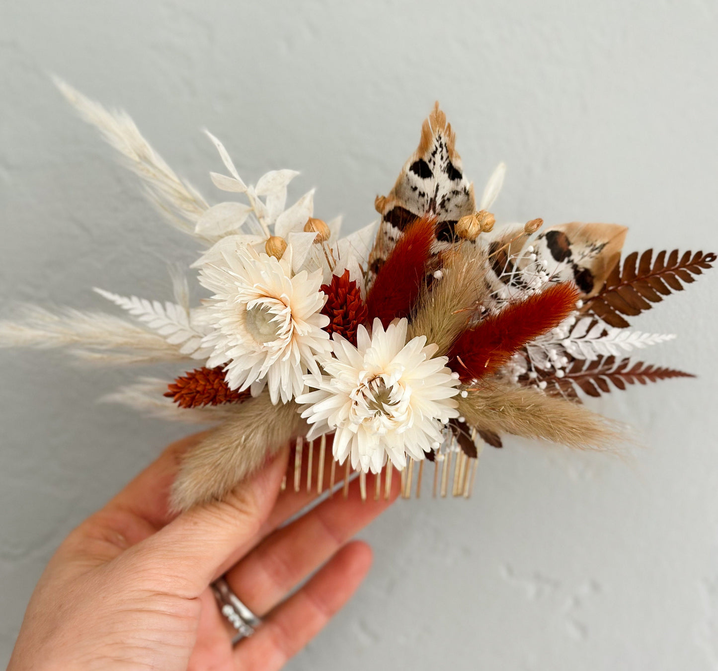 Terracotta Pheasant Feather Dried Flower Hair Comb/ Wedding Hair/ Bride and Bridesmaids/ Flower Girl/ Photoshoot