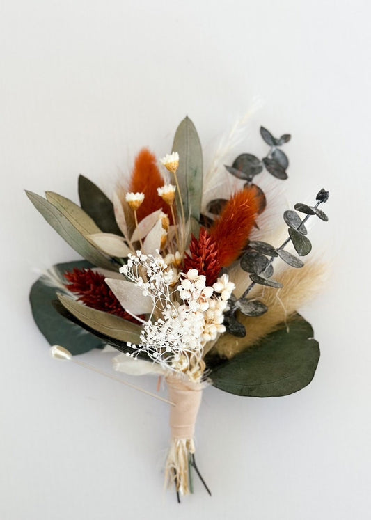 Olive + Terracotta Dried Flower Boutonniere/ Wedding Flowers/ Groom and Groomsmen/ Dried Flowers