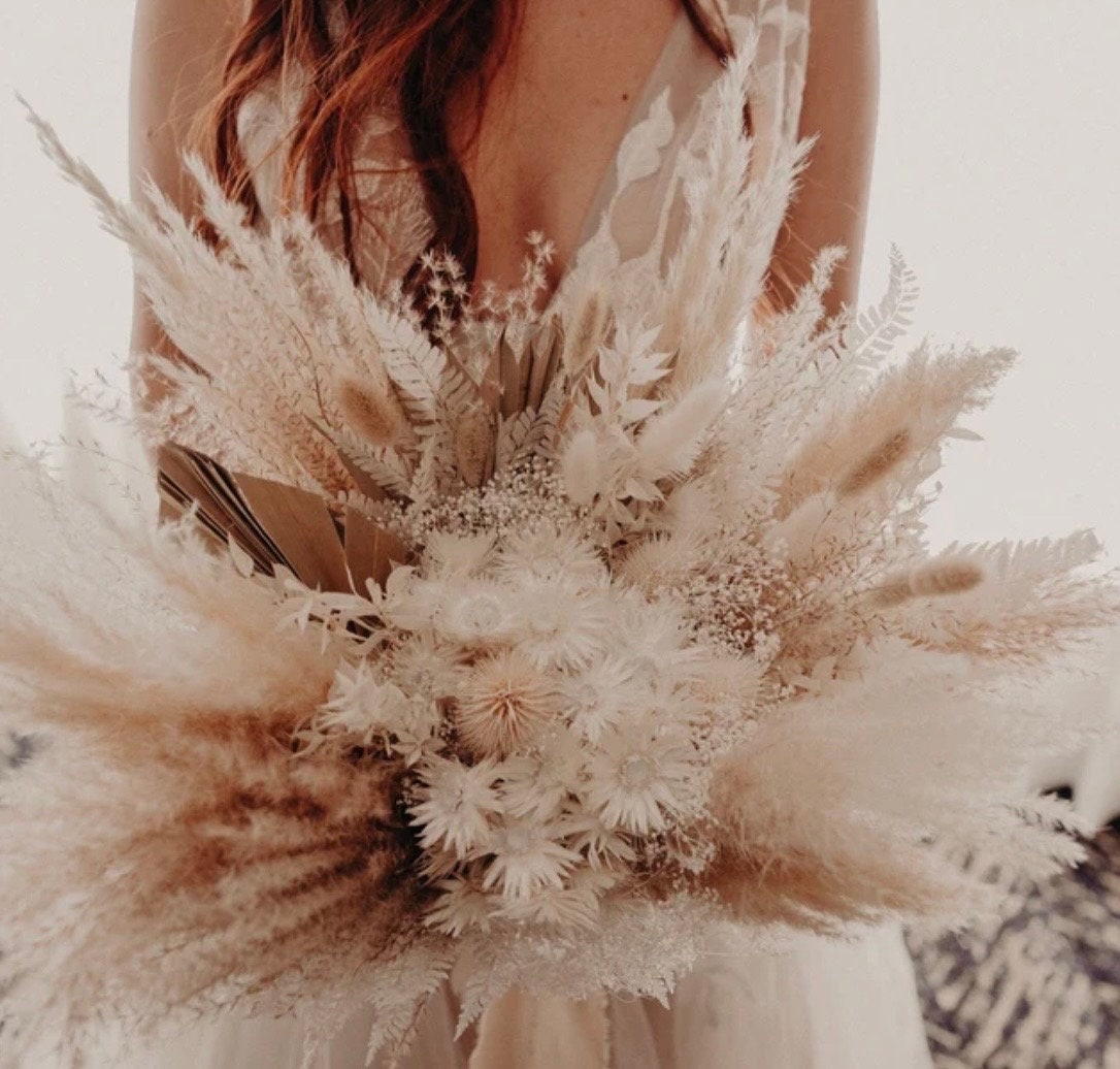 Pampas and Strawflower Bouquet/ Bride and Bridesmaids/ Dried Flower Bouquet/ Wedding Flowers