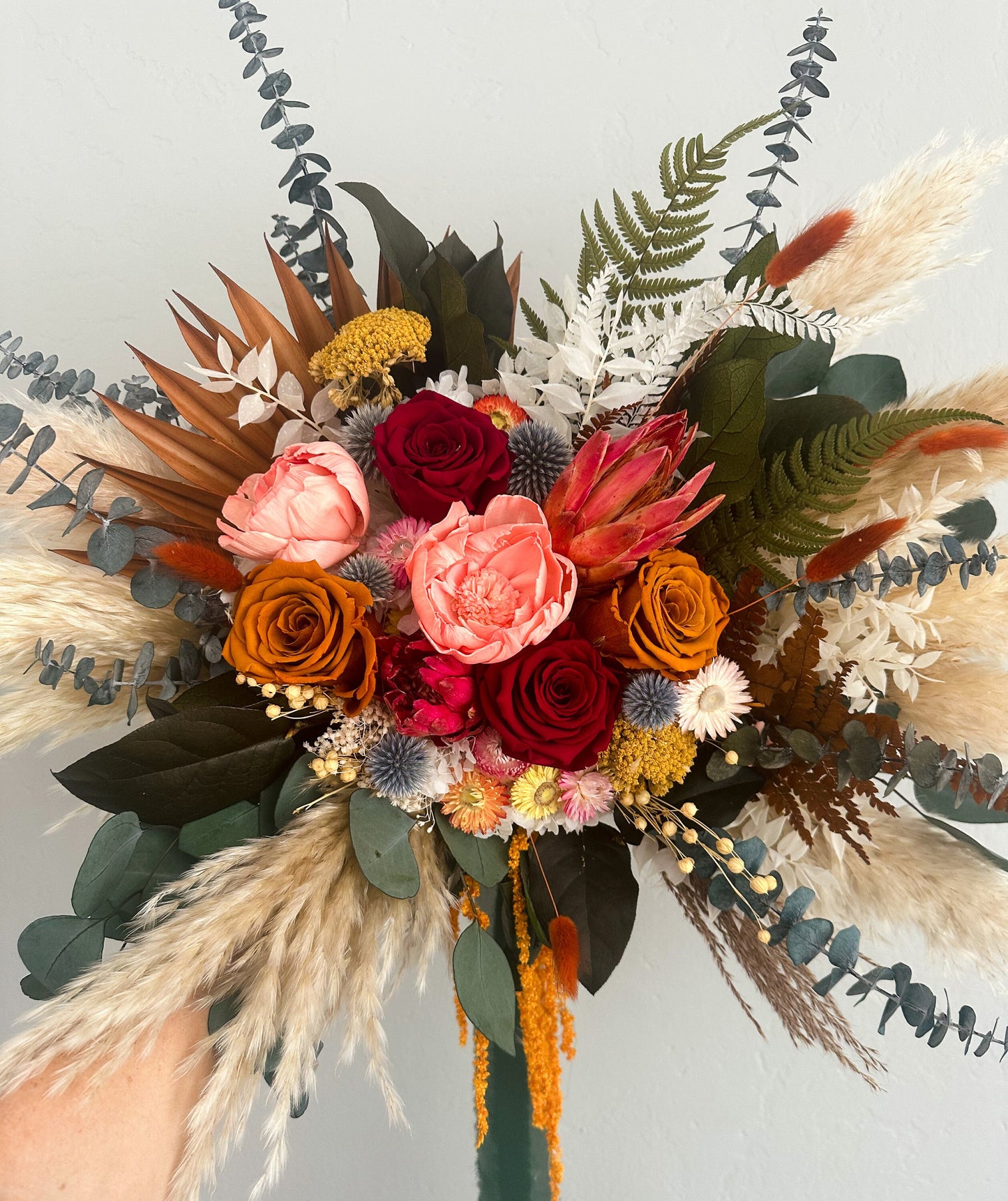 Colorful Peony + Rose Dried Floral Pampas Grass Bouquet/ Bride and Bridesmaids/ Dried Flower Bouquet/ Wedding Flowers