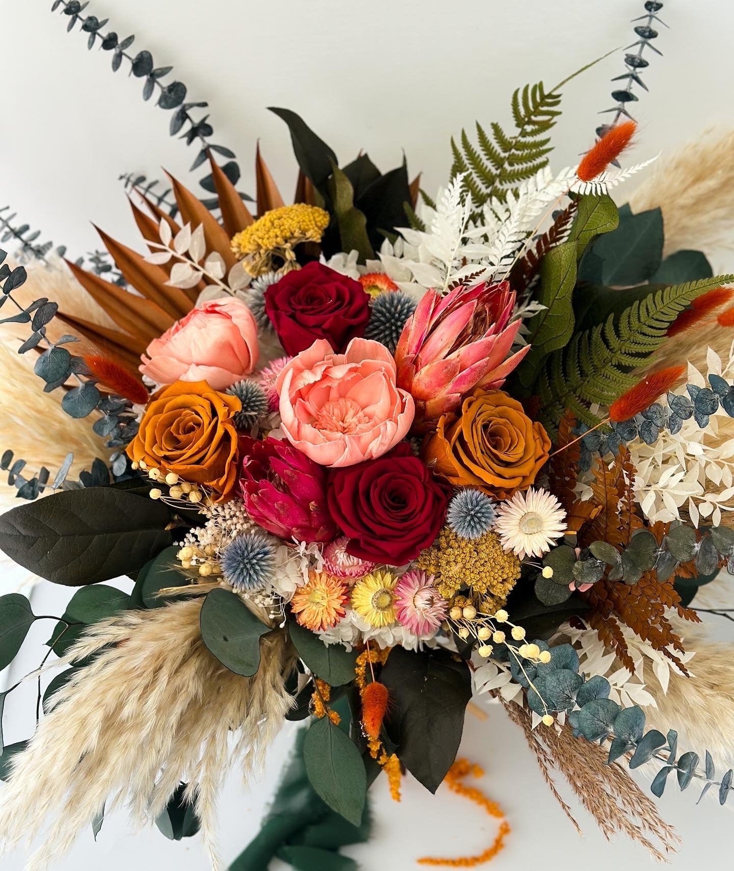 Colorful Peony + Rose Dried Floral Pampas Grass Bouquet/ Bride and Bridesmaids/ Dried Flower Bouquet/ Wedding Flowers