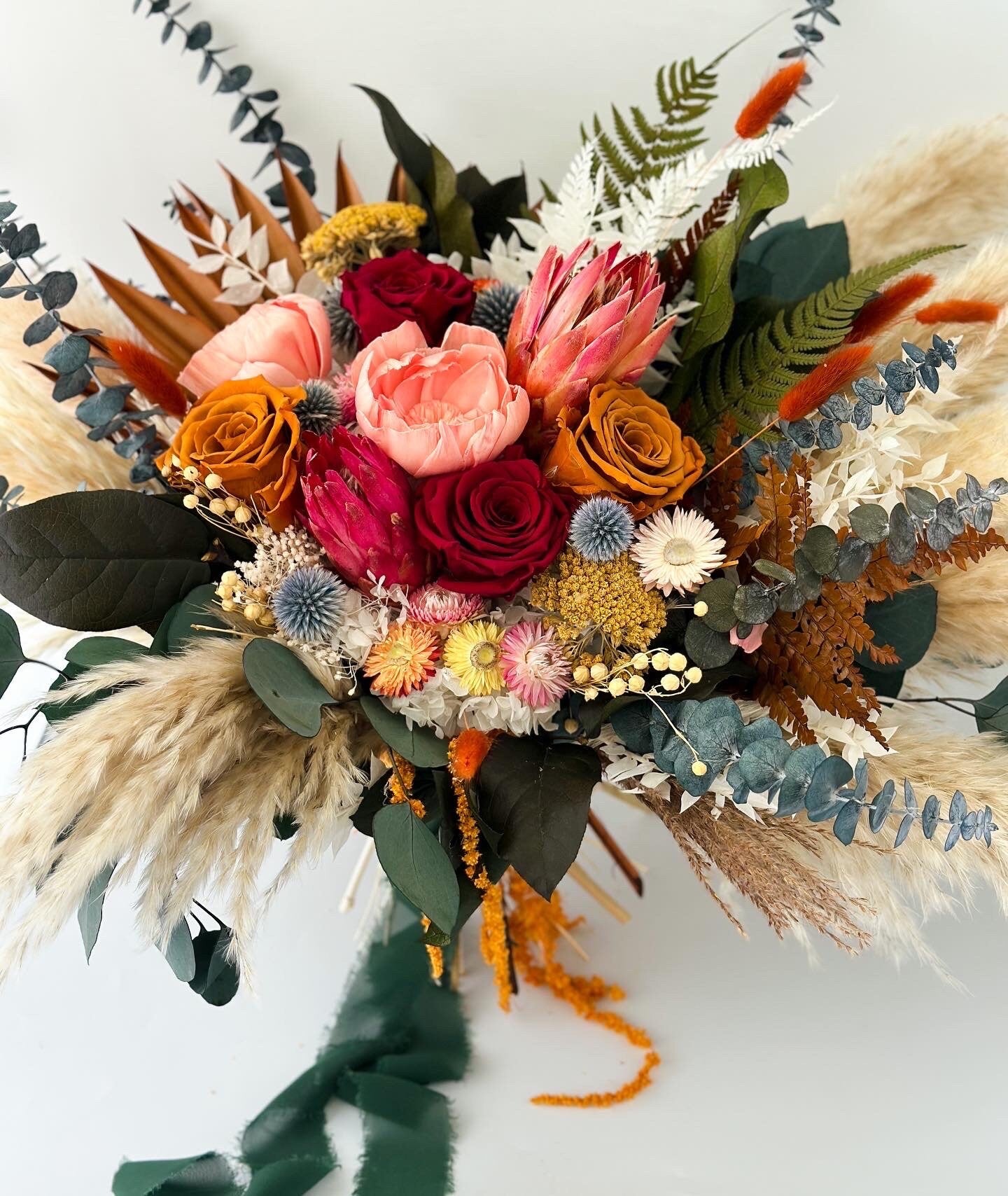 Colorful Peony + Rose Dried Floral Pampas Grass Bouquet/ Bride and Bridesmaids/ Dried Flower Bouquet/ Wedding Flowers