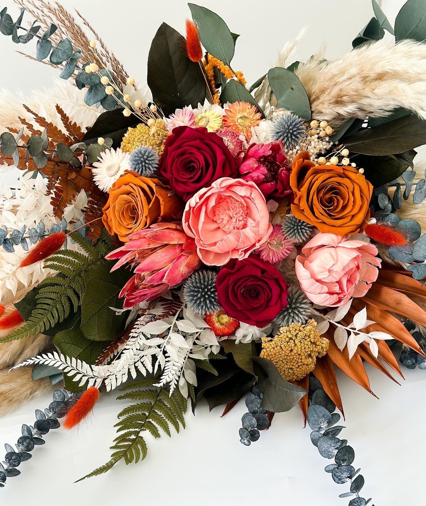 Colorful Peony + Rose Dried Floral Pampas Grass Bouquet/ Bride and Bridesmaids/ Dried Flower Bouquet/ Wedding Flowers