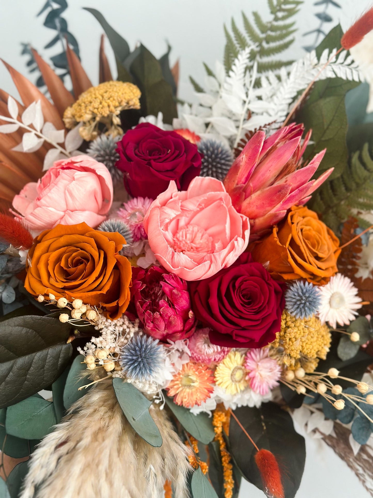Colorful Peony + Rose Dried Floral Pampas Grass Bouquet/ Bride and Bridesmaids/ Dried Flower Bouquet/ Wedding Flowers