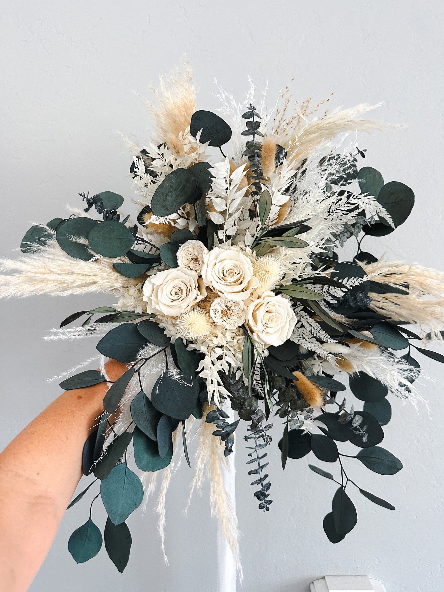 Cream Rose + Greenery Dried Pampas Grass Bouquet/ Bride and Bridesmaids/ Dried Flower Bouquet/ Wedding Flowers