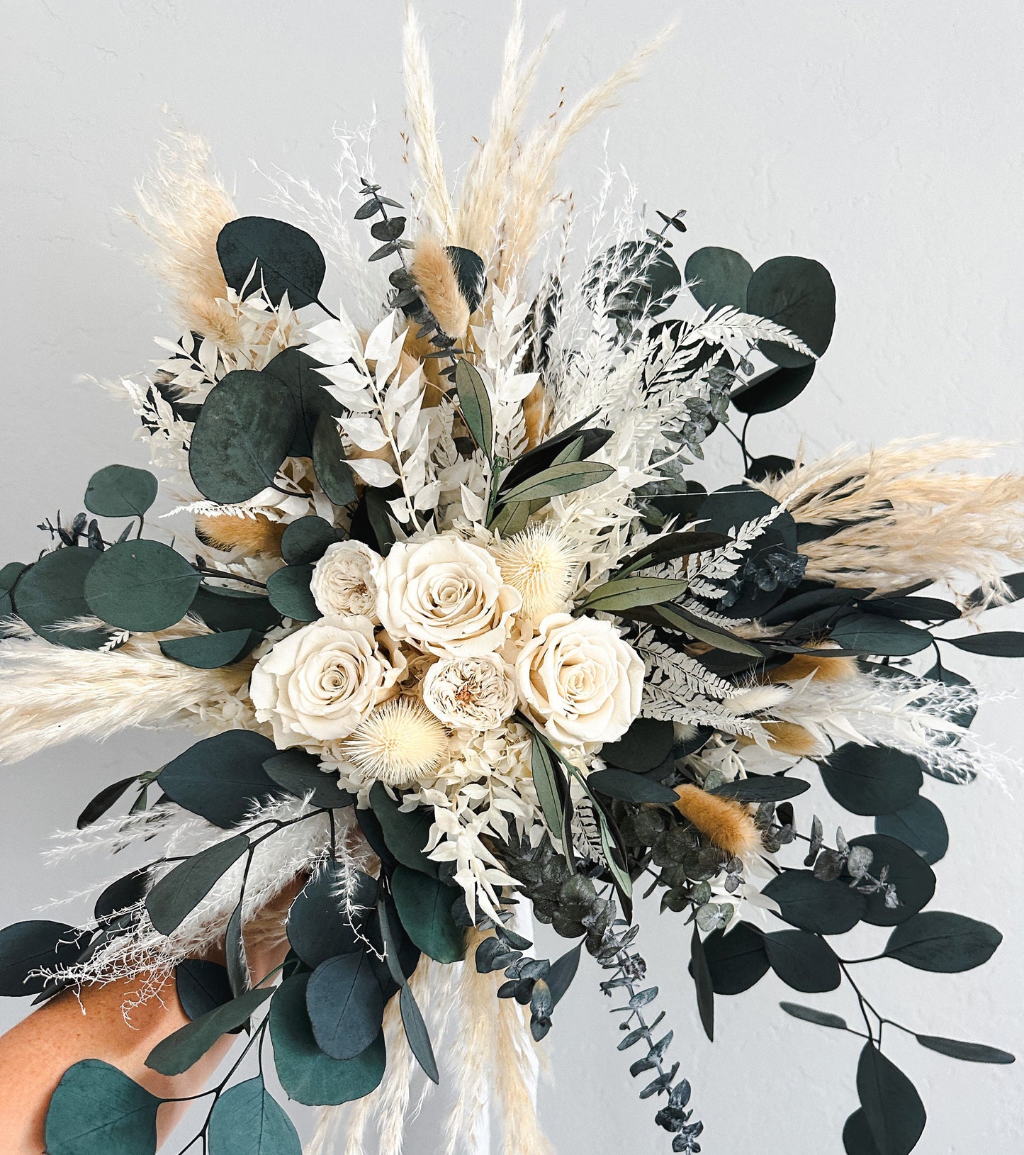 Cream Rose + Greenery Dried Pampas Grass Bouquet/ Bride and Bridesmaids/ Dried Flower Bouquet/ Wedding Flowers