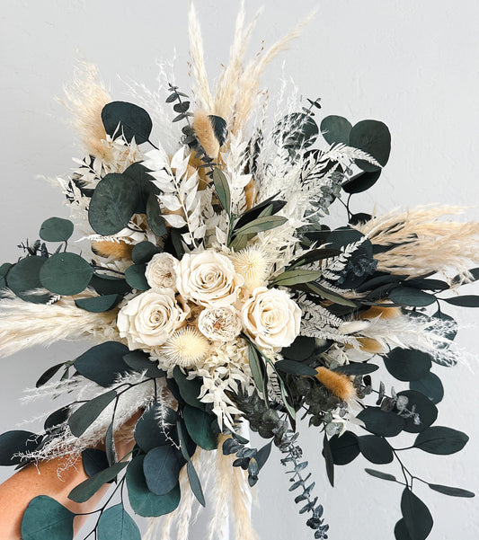 Cream Rose + Greenery Dried Pampas Grass Bouquet/ Bride and Bridesmaids/ Dried Flower Bouquet/ Wedding Flowers