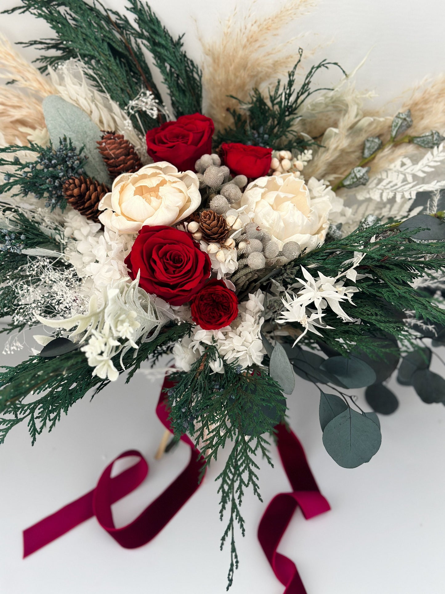 Red + White Dried Flower Winter Bouquet/ Bride and Bridesmaids/ Dried Flower Bouquet/ Wedding Flowers