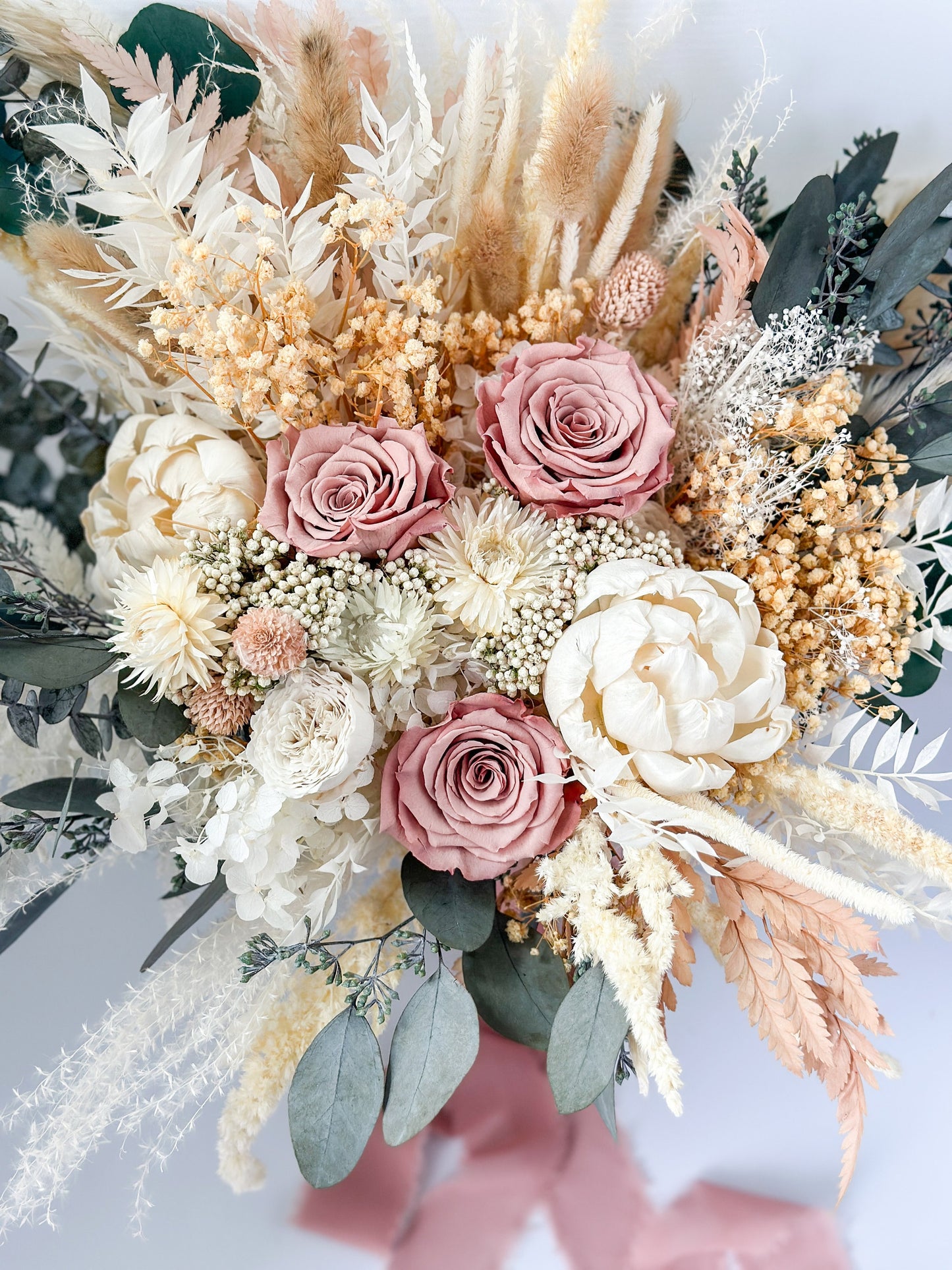 Dusty Rose + Peony Eucalyptus Pampas Grass Bouquet/ Bride and Bridesmaids/ Dried Flower Bouquet/ Wedding Flowers